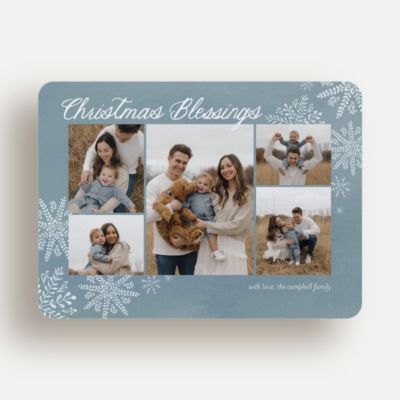 Religious Christmas Cards: Scattered Snowflakes 6x8 Landscape Flat Gray 5+ Photos Pearl Shimmer Cardstock Rounded Shutterfly