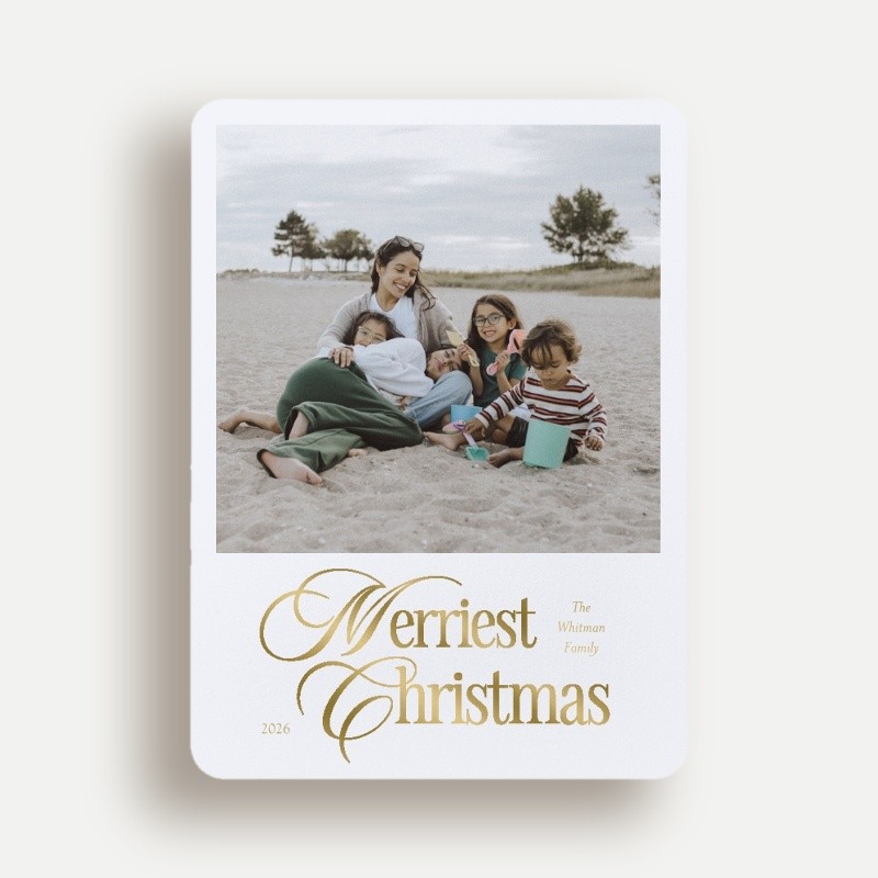 Christmas Foil Cards: Grand Collage 6x8 Flat White Gold Foil 1 Photo Foil Cardstock Rounded Shutterfly