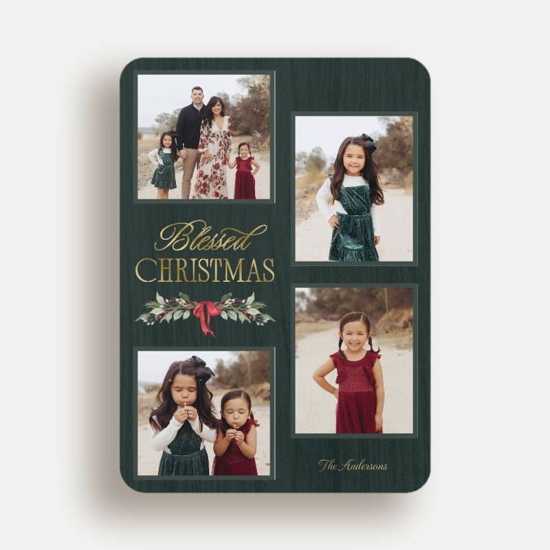 Religious Christmas Foil Cards: Holly Swag 5x7 Flat Green Gold Foil 4 Photos Foil Cardstock Rounded Shutterfly