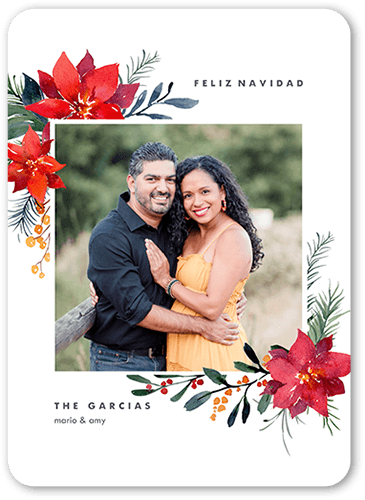 Poinsettia Corners 5x7 White  Tarjeta de Navidad