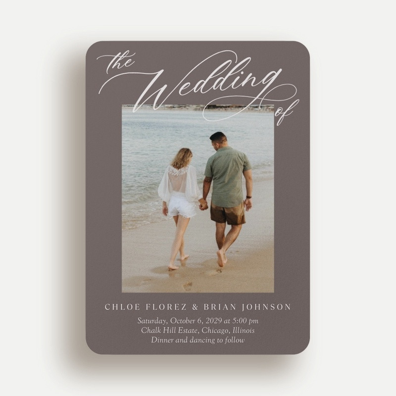 Wedding Invitations: Elegant Upper Script 5x7 Flat Beige 1 Photo Signature Smooth Cardstock Rounded Shutterfly