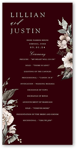 Wedding Programs: Black Tie Affair Floral 4x8 Flat Red 100% Recycled Cardstock Square Shutterfly
