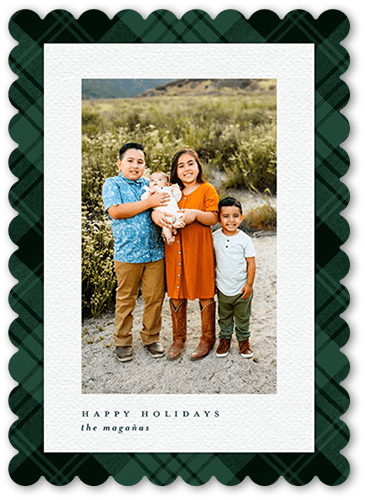Holiday Cards: Intricate Plaid 5x7 Portrait Flat Green 1 Photo Pearl Shimmer Cardstock Scallop Shutterfly
