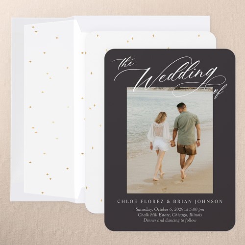 Wedding Invitations: Elegant Upper Script 5x7 Flat Black 1 Photo Standard Smooth Cardstock Rounded Shutterfly
