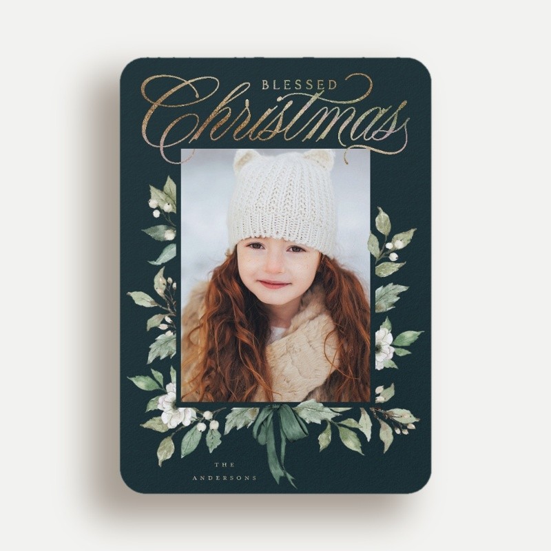 Religious Christmas Foil Cards: Botanical Bow 5x7 Flat Green Gold Sparkle Foil 1 Photo Foil Cardstock Rounded Shutterfly