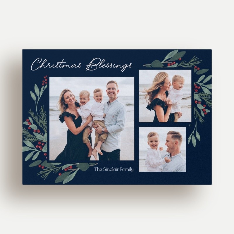 Religious Christmas Cards: Berry Foliage 5x7 Landscape Flat Blue 3 Photos Signature Smooth Cardstock Square Shutterfly