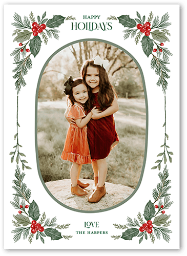 Cute Holly Frame 5x7 White  Holiday Card