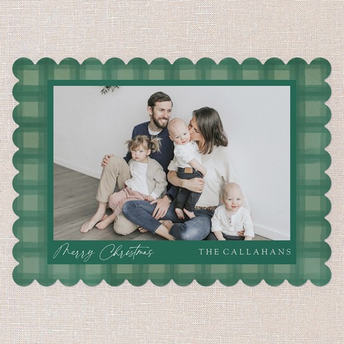 Christmas Cards: Pleasant Plaid 5x7 Landscape Flat Green 1 Photo Pearl Shimmer Cardstock Scallop Shutterfly