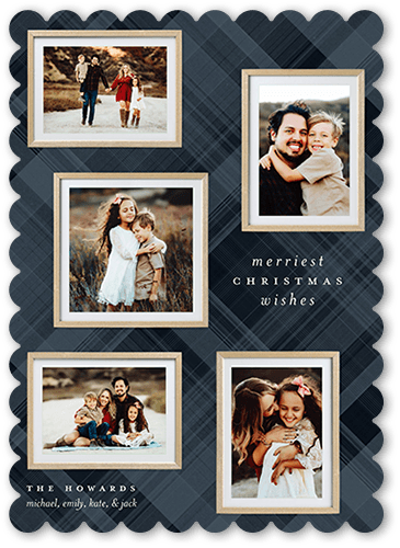 Holiday Cards: Festive Plaid Collage 5x7 Portrait Flat Blue 5+ Photos Pearl Shimmer Cardstock Scallop Shutterfly