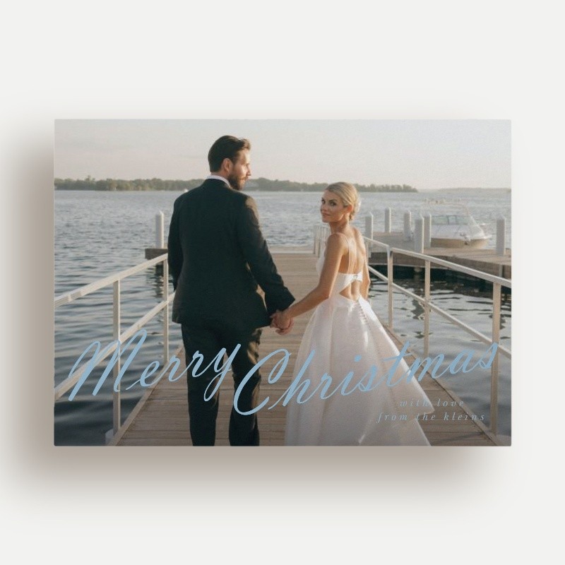 Christmas Cards: Oversized Script 5x7 Landscape Flat Blue 1 Photo Pearl Shimmer Cardstock Square Shutterfly