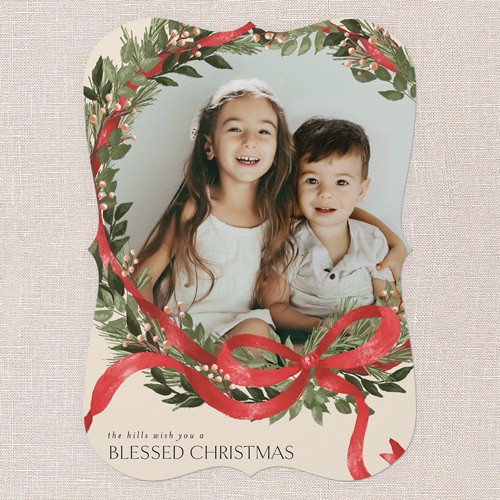 Religious Christmas Cards: Merry Ribbon Wreath 5x7 Portrait Flat Beige 1 Photo Signature Smooth Cardstock Bracket Shutterfly