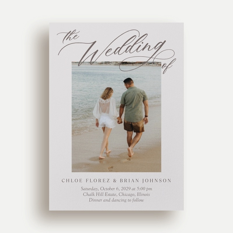 Wedding Invitations: Elegant Upper Script 5x7 Flat Beige 1 Photo Signature Smooth Cardstock Square Shutterfly
