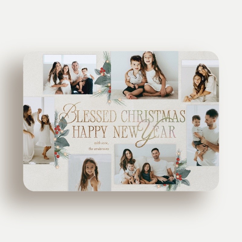 Religious Christmas Foil Cards: Botanical Sentiment 5x7 Flat Beige Gold Sparkle Foil 5+ Photos Foil Cardstock Rounded Shutterfly