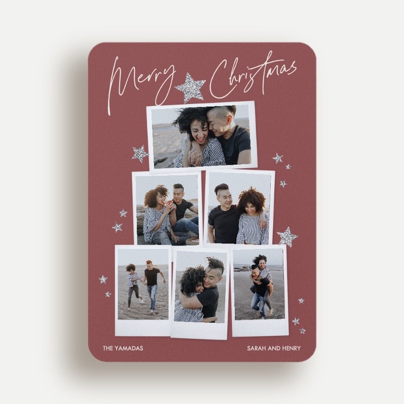 Christmas Glitter Cards: Starry Snapshots 5x7 Portrait Flat Red Silver 5+ Photos Signature Smooth Cardstock Rounded Shutterfly