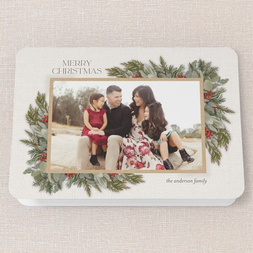 Christmas Cards: Hollied Corners 5x7 Landscape Folded Beige 1 Photo Folded Smooth Cardstock Rounded Shutterfly