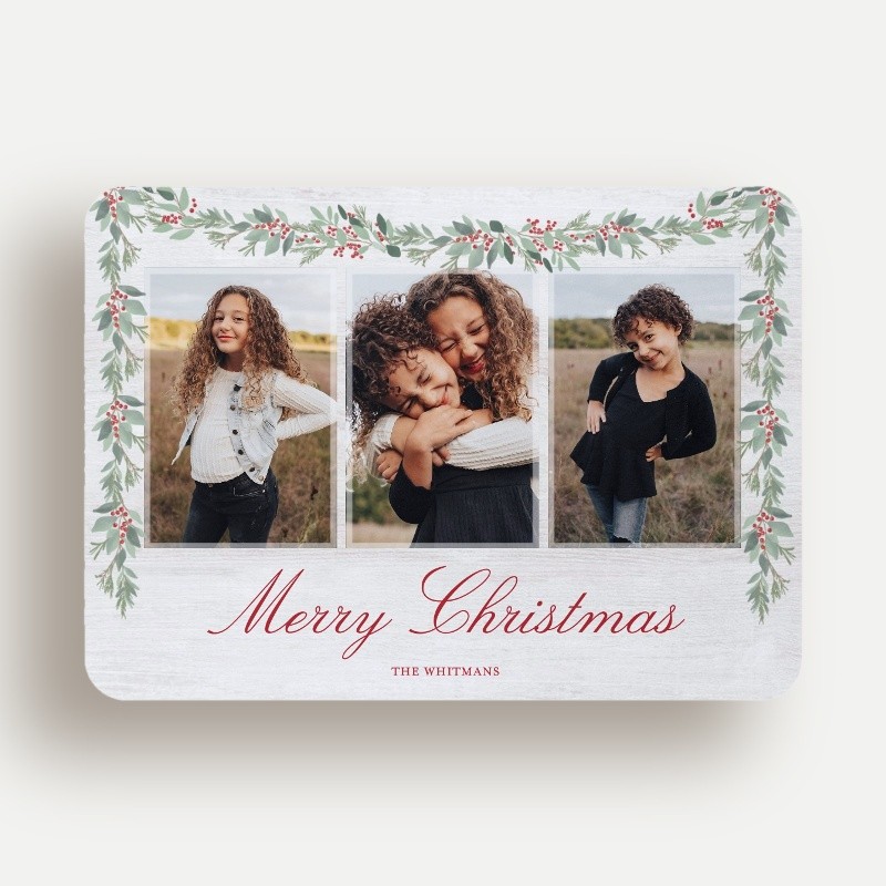 Christmas Cards: Berry Swag 5x7 Landscape Flat Beige 3 Photos Standard Smooth Cardstock Rounded Shutterfly