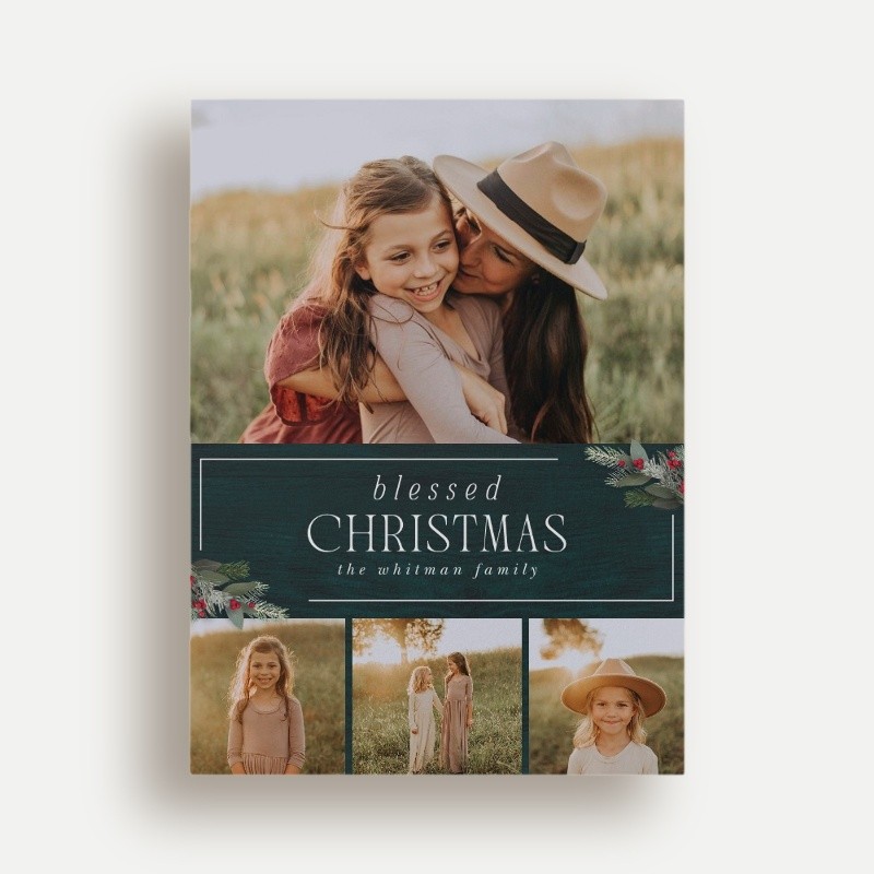 Religious Christmas Cards: Berry Collage 6x8 Portrait Flat Green 4 Photos Luxe Double-Thick Cardstock Square Shutterfly