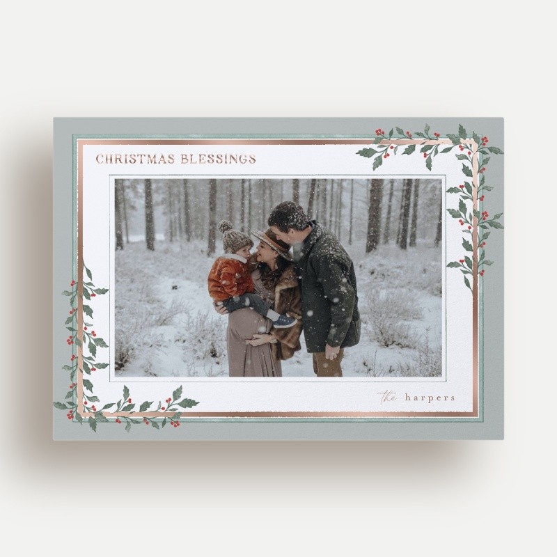 Religious Christmas Foil Cards: Climbing Vines 5x7 Flat Teal Rose Gold Foil 1 Photo Foil Cardstock Square Shutterfly