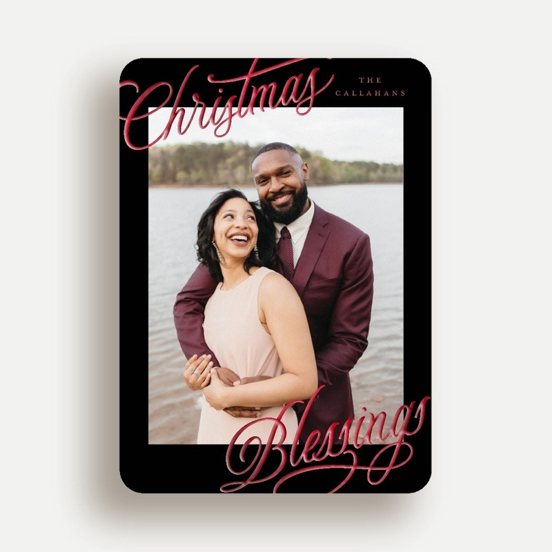 Religious Christmas Foil Cards: Corner Callout 5x7 Flat Black Red Foil 1 Photo Foil Cardstock Rounded Shutterfly