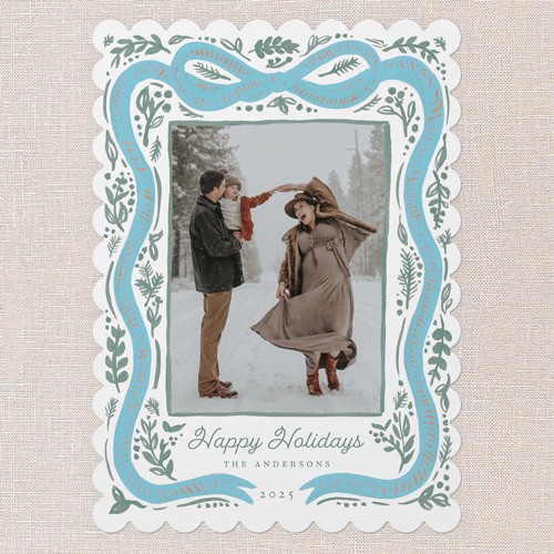 Holiday Cards: Vintage Bow 5x7 Portrait Flat Blue 3 Photos Pearl Shimmer Cardstock Scallop Shutterfly