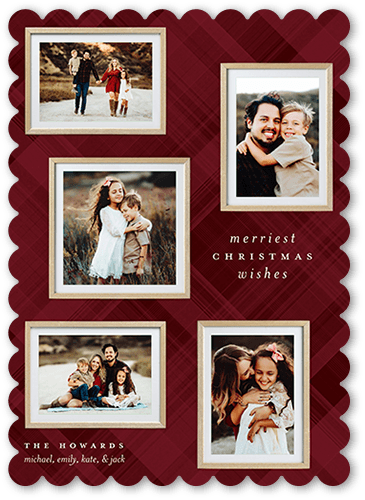 Holiday Cards: Festive Plaid Collage 5x7 Portrait Flat Red 1 Photo Pearl Shimmer Cardstock Scallop Shutterfly