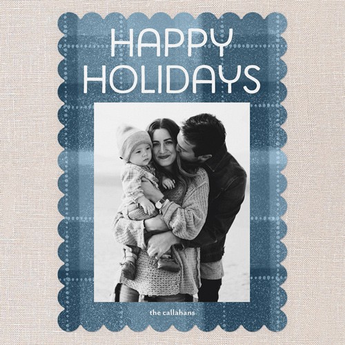 Holiday Cards: Cozy Plaid Greetings 5x7 Portrait Flat Blue 1 Photo Pearl Shimmer Cardstock Scallop Shutterfly