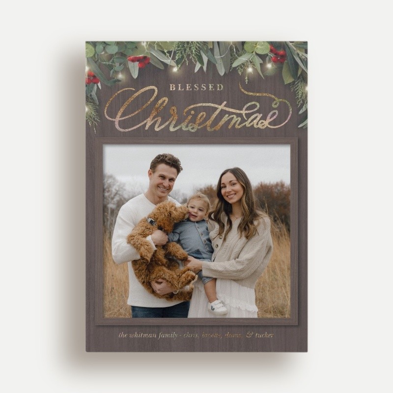 Religious Christmas Foil Cards: Farmhouse Greenery 5x7 Flat Brown Gold Sparkle Foil 1 Photo Foil Cardstock Square Shutterfly
