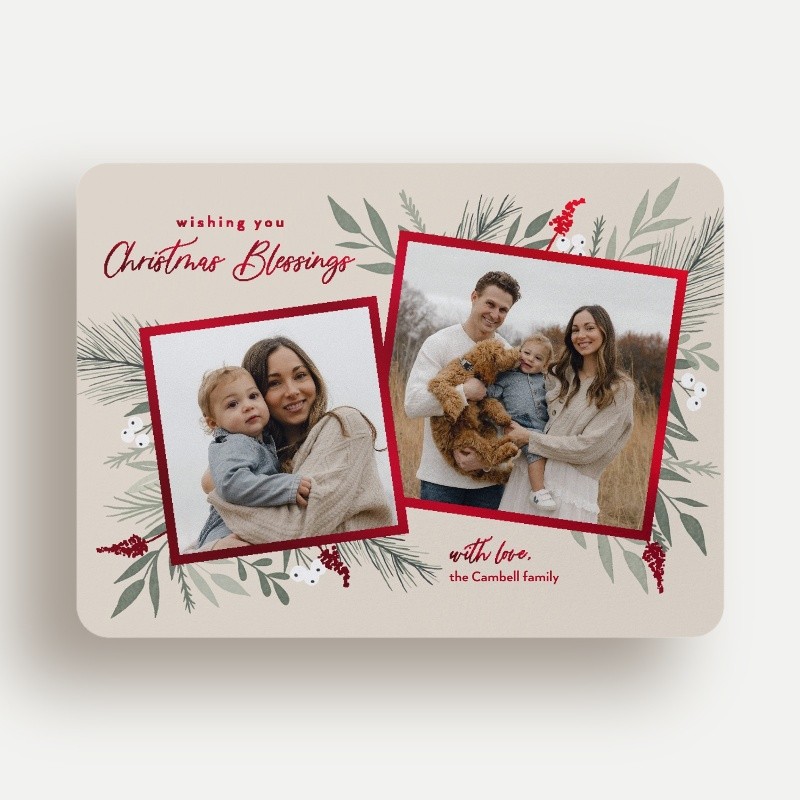 Religious Christmas Foil Cards: Elegant Botanicals 6x8 Flat Beige Red Foil 2 Photos Foil Cardstock Rounded Shutterfly