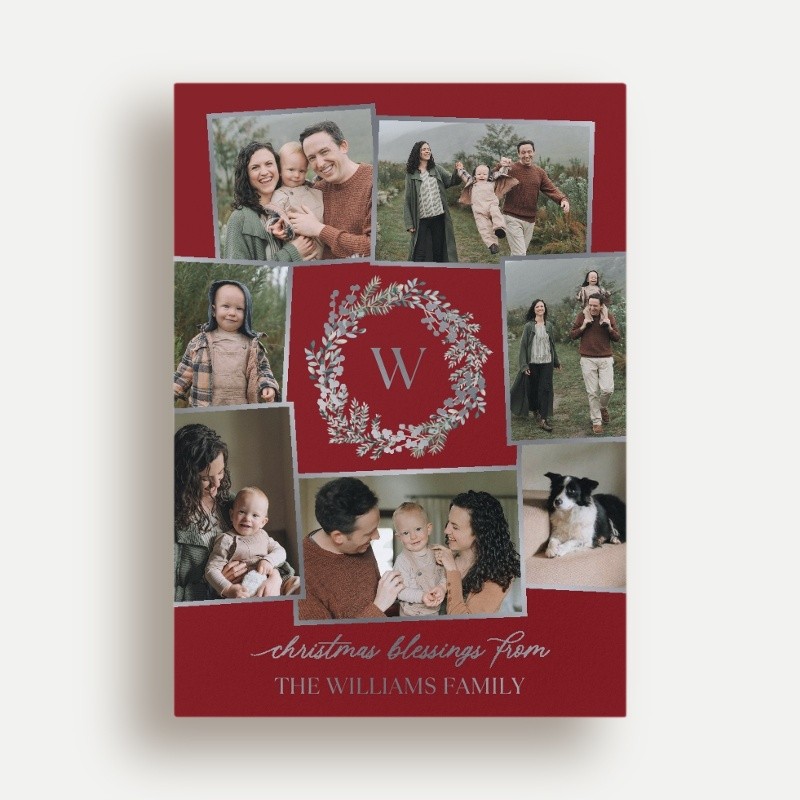 Wreath Monogram Holiday Card Wreath Monogram 5x7 Red Holiday Card