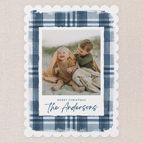 Holiday Cards: Comforting Plaid 5x7 Portrait Flat Blue 3 Photos Pearl Shimmer Cardstock Scallop Shutterfly