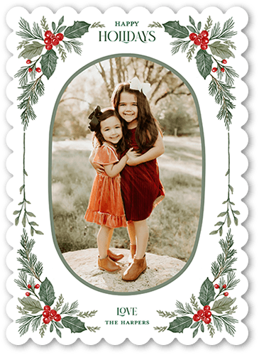 Cute Holly Frame 5x7 White  Holiday Card