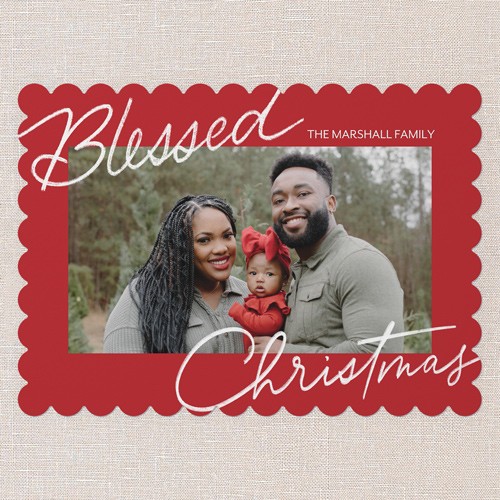 Religious Christmas Cards: Signature Joy 5x7 Portrait Flat Red 3 Photos Signature Smooth Cardstock Scallop Shutterfly