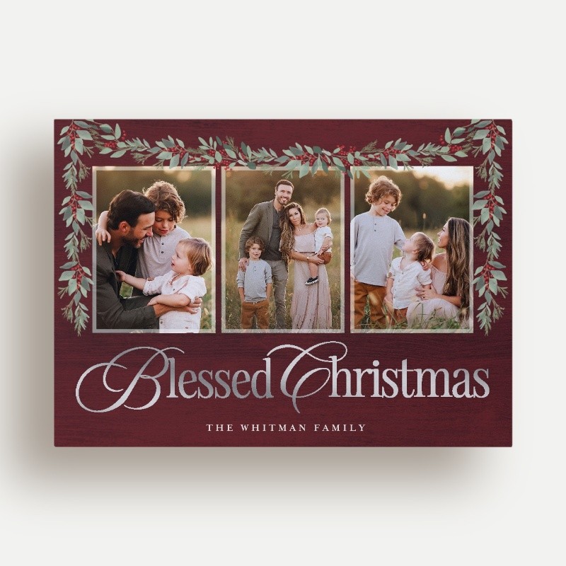 Religious Christmas Foil Stamped Cards: Painted Swag 5x7 Flat Red Silver Foil 3 Photos Luxe Double-Thick Cardstock Square Shutterfly