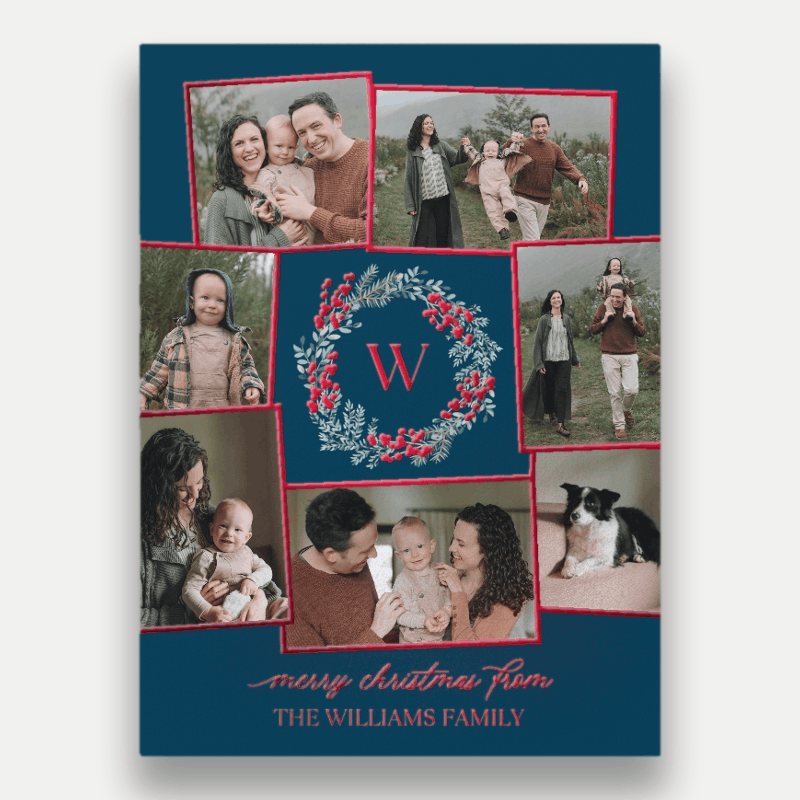 Wreath Monogram Holiday Card Wreath Monogram 6x8 Blue Holiday Card