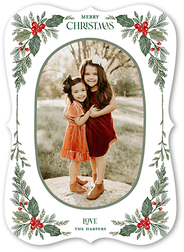Cute Holly Frame 5x7 White  Holiday Card