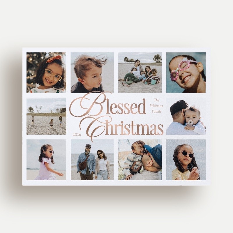 Religious Christmas Foil Cards: Grand Collage 6x8 Flat White Rose Gold Foil 5+ Photos Foil Cardstock Square Shutterfly