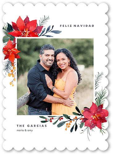 Poinsettia Corners 5x7 White  Tarjeta de Navidad