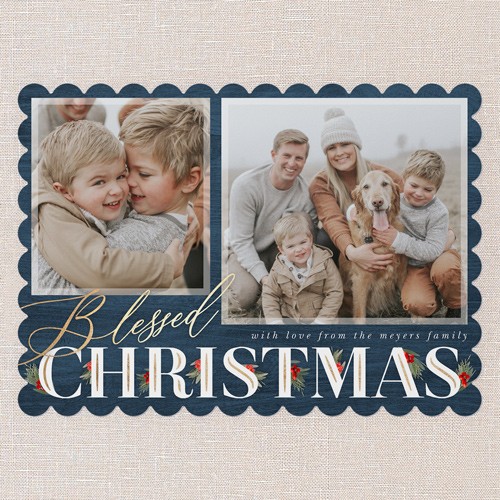 Religious Christmas Cards: Hints Of Holly 5x7 Landscape Flat Blue 3 Photos Pearl Shimmer Cardstock Scallop Shutterfly