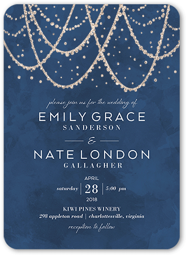 Wedding Glitter Invitations: Draping Lights Elegant 5x7 Flat Blue Gold Signature Smooth Cardstock Rounded Shutterfly