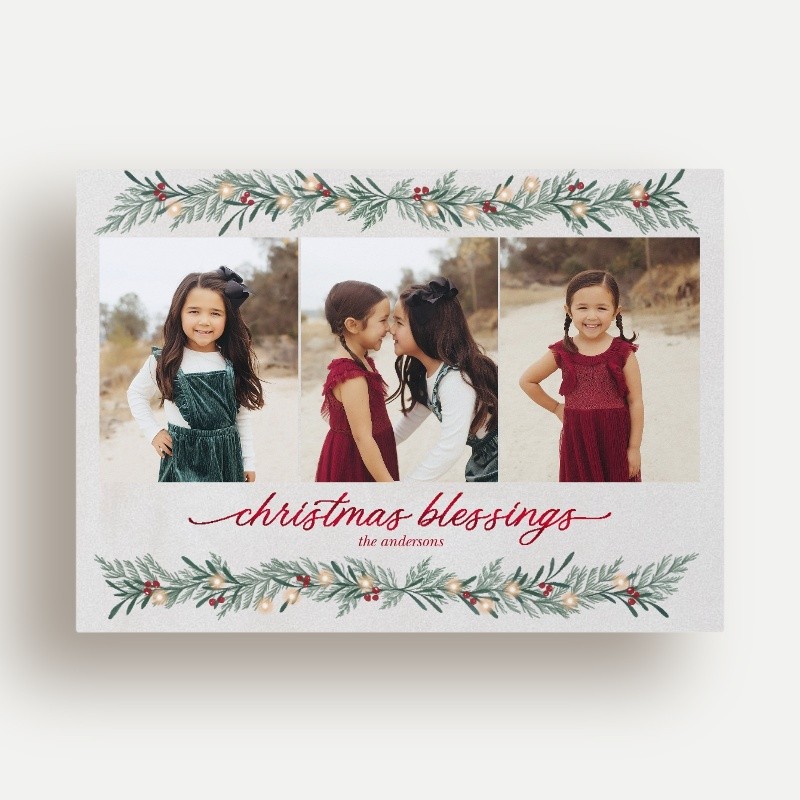 Religious Christmas Foil Cards: Berry Garland 5x7 Flat Beige Red Foil 3 Photos Foil Cardstock Square Shutterfly