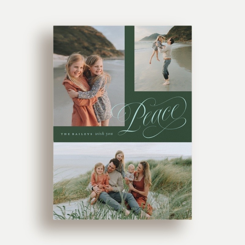 Religious Christmas Cards: Joy Script 5x7 Portrait Flat Teal 3 Photos Luxe Double-Thick Cardstock Square Shutterfly