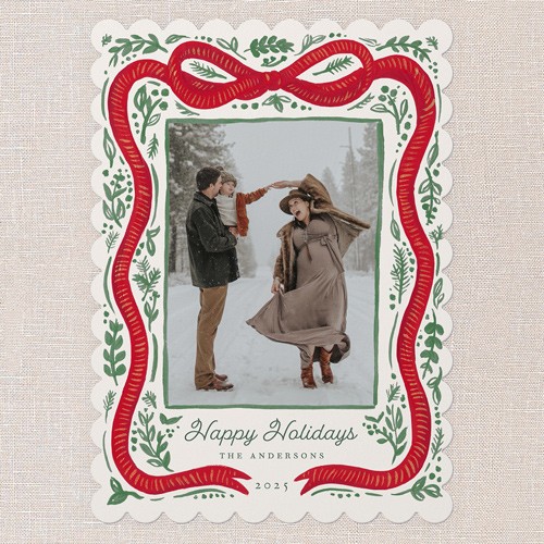 Holiday Cards: Vintage Bow 5x7 Portrait Flat Red 3 Photos Pearl Shimmer Cardstock Scallop Shutterfly