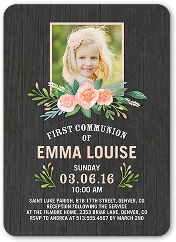 Blissful Bouquet 5x7 Gray  First Communion Invitation