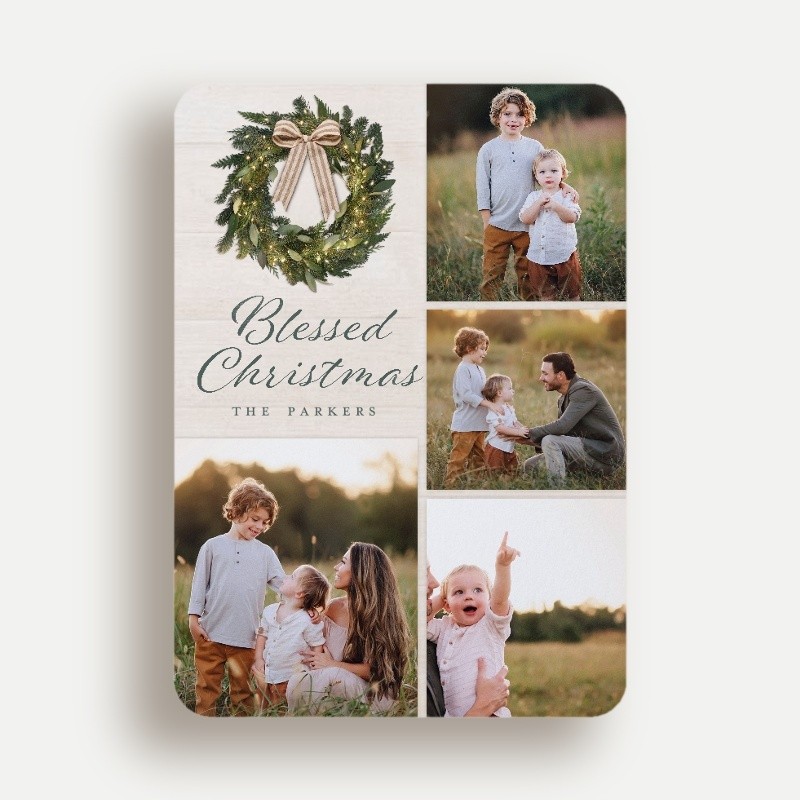 Religious Christmas Cards: Rustic Wreath 5x7 Portrait Flat Beige 4 Photos Standard Smooth Cardstock Rounded Shutterfly