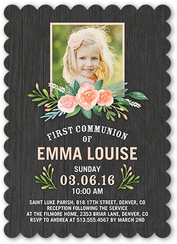 Blissful Bouquet 5x7 Gray  First Communion Invitation