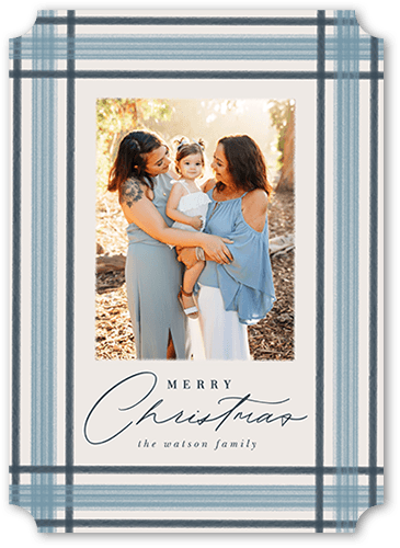 Christmas Cards: Brushed Plaid Border 5x7 Portrait Flat Blue 1 Photo Signature Smooth Cardstock Ticket Shutterfly