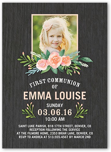 Blissful Bouquet 5x7 Gray  First Communion Invitation