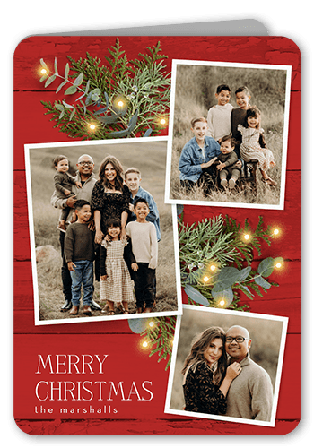 Holiday Cards: Festive Photos 5x7 Portrait Folded Red 3 Photos Pearl Shimmer Cardstock Rounded Shutterfly