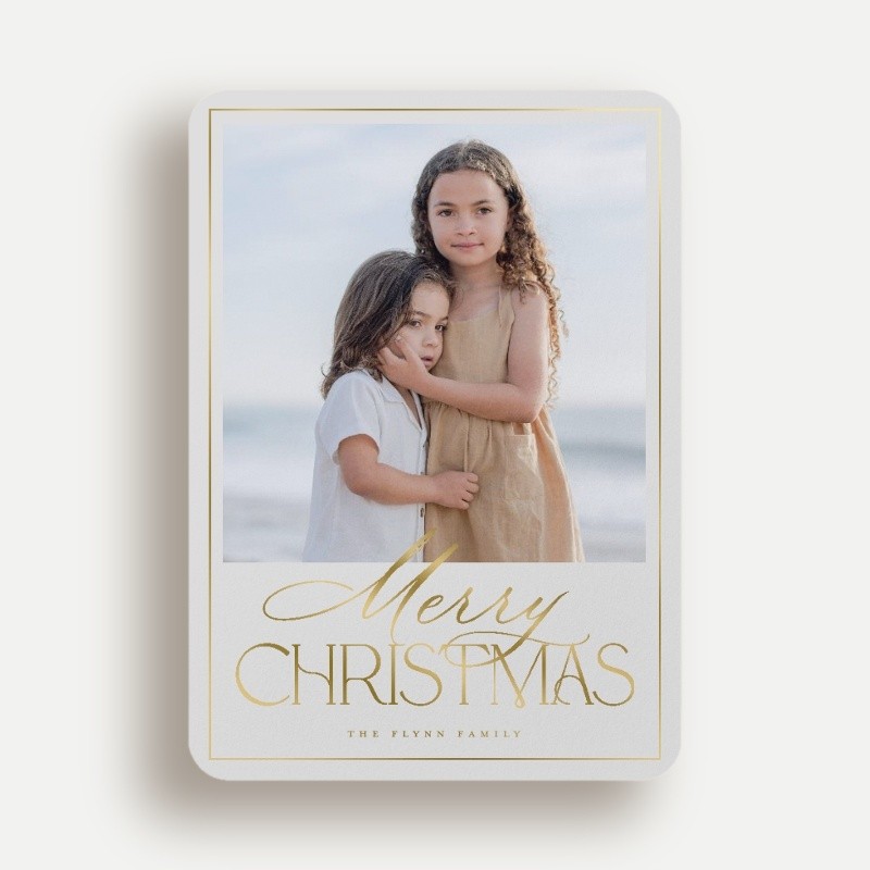 Christmas Foil Cards: Refined Collage 5x7 Flat Beige Gold Foil 1 Photo Foil Cardstock Rounded Shutterfly