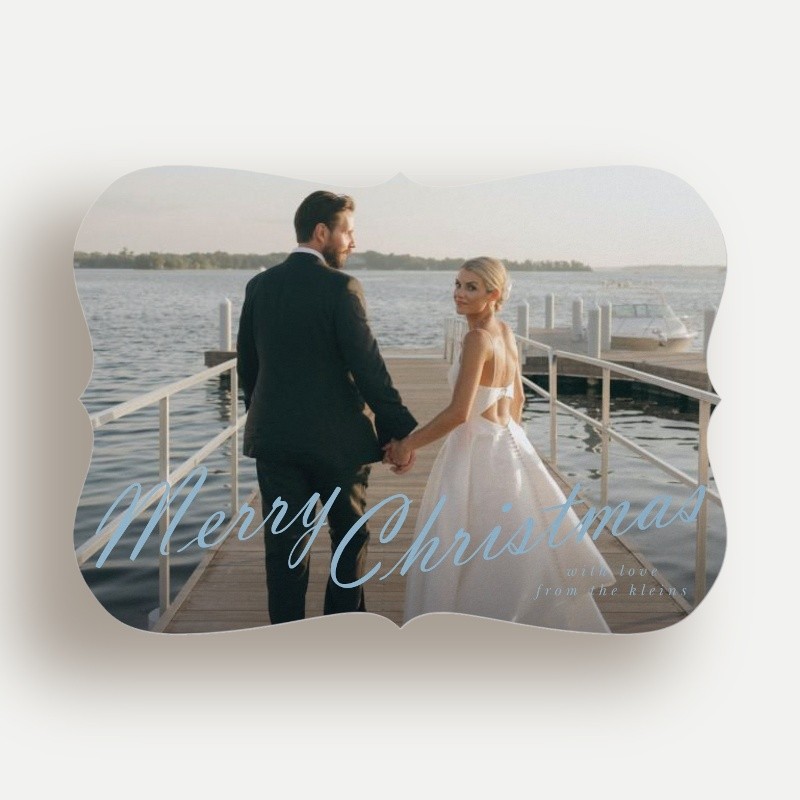 Christmas Cards: Oversized Script 5x7 Landscape Flat Blue 1 Photo Pearl Shimmer Cardstock Bracket Shutterfly